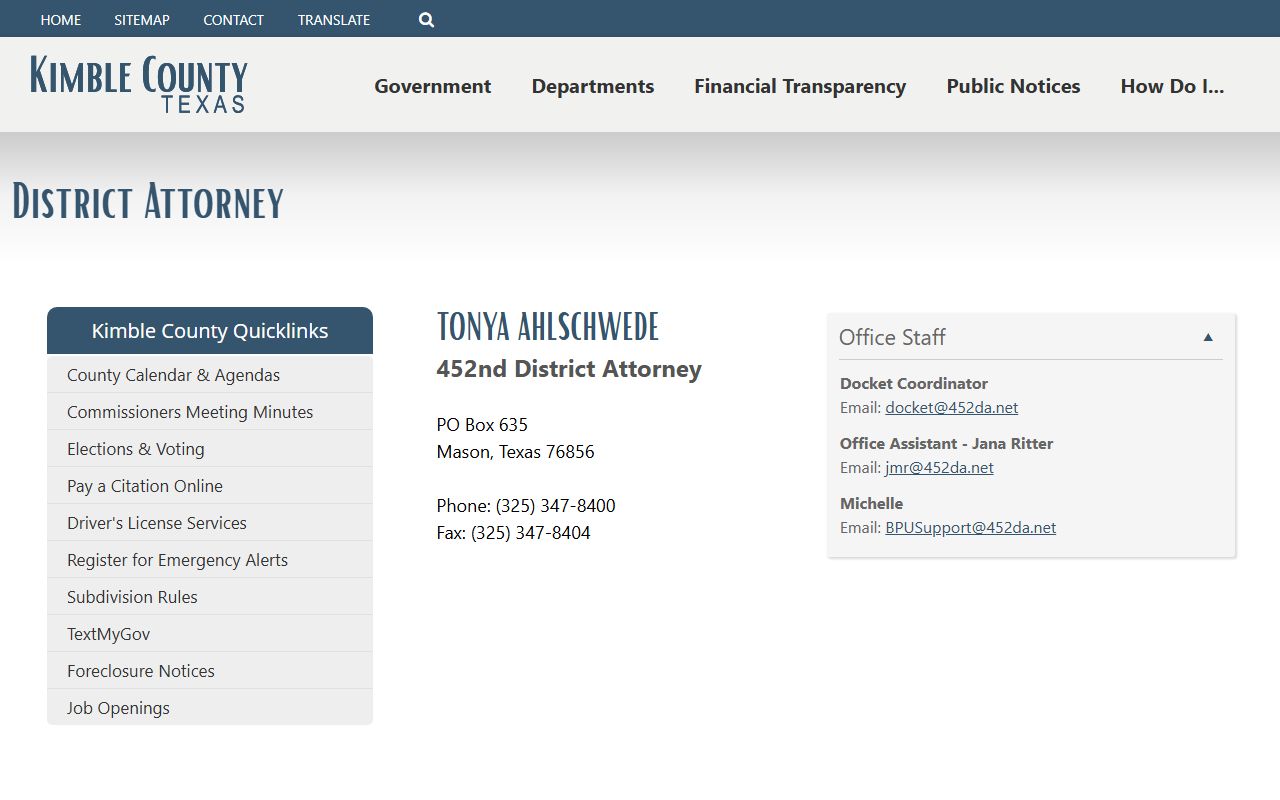 452nd District Attorney page for Kimble County court records after jail arrest