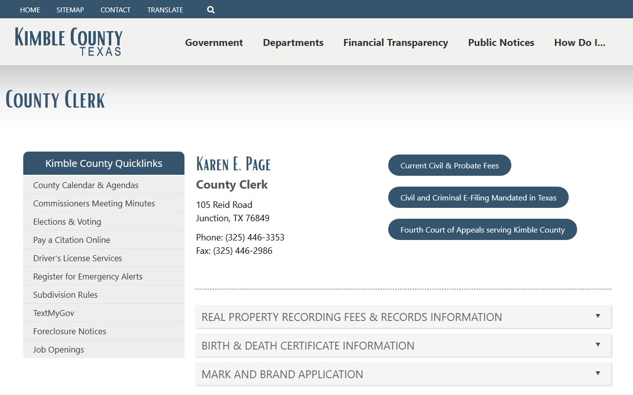 Kimble County Clerk records page for court records after jail arrest