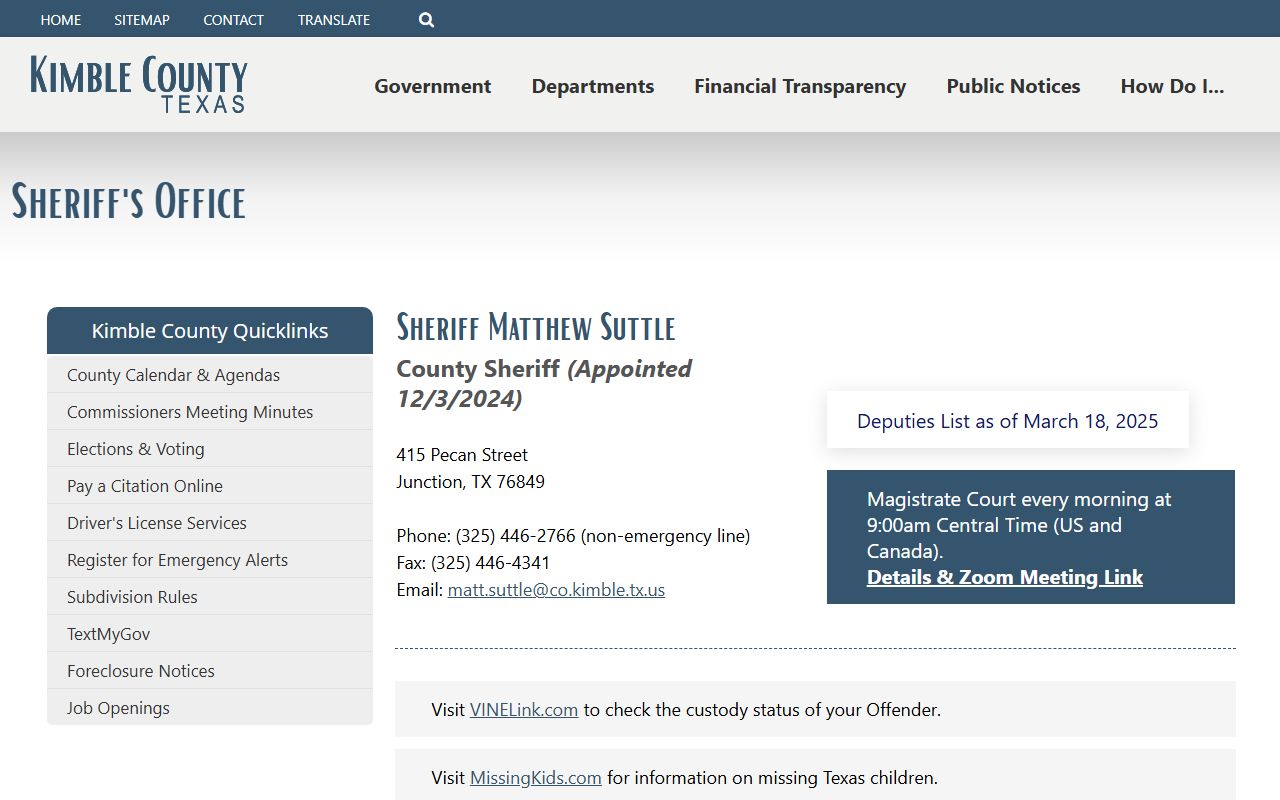 Kimble County Sheriff page for inmate records and VINELink custody status