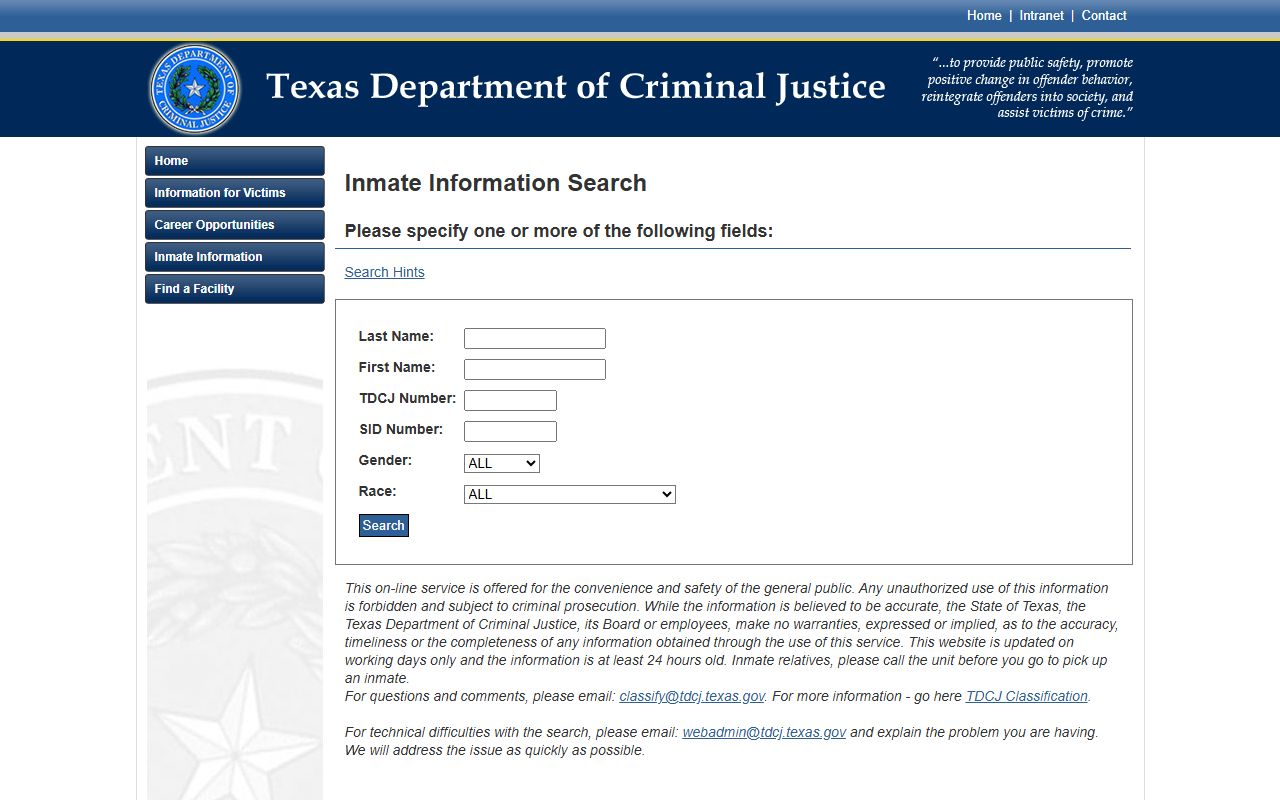 Kimble County inmate population TDCJ inmate search interface